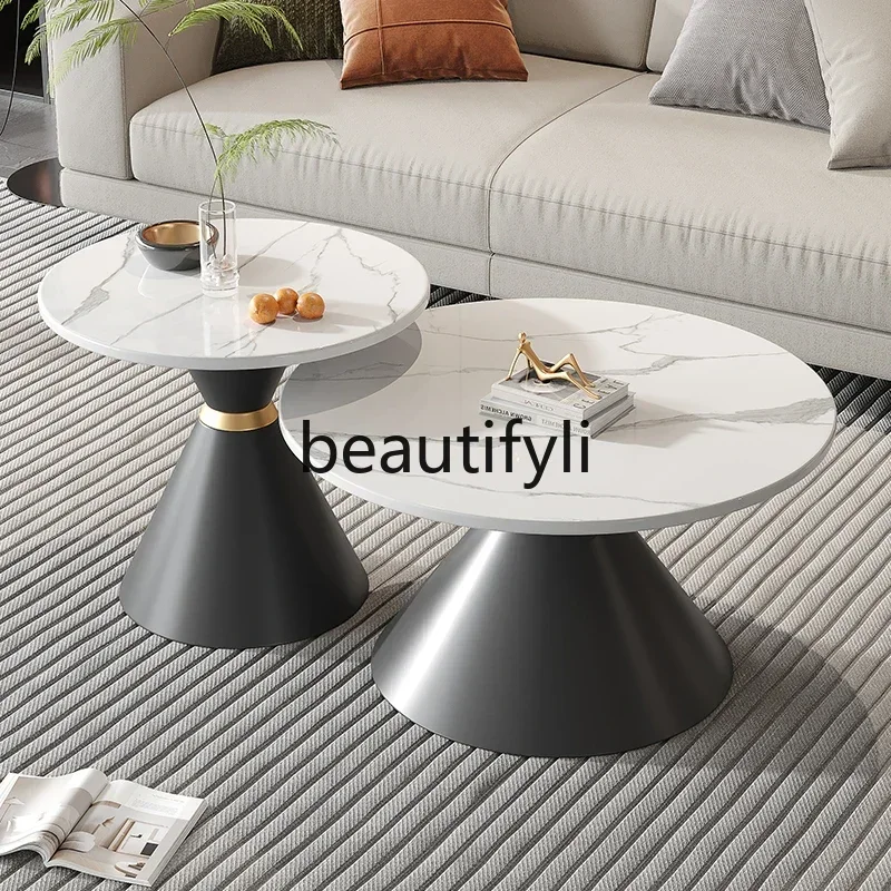 yj57 Italian Style Light Luxury Rock Slab Coffee Table Round Combination Modern Living Room Apartment Tea Table