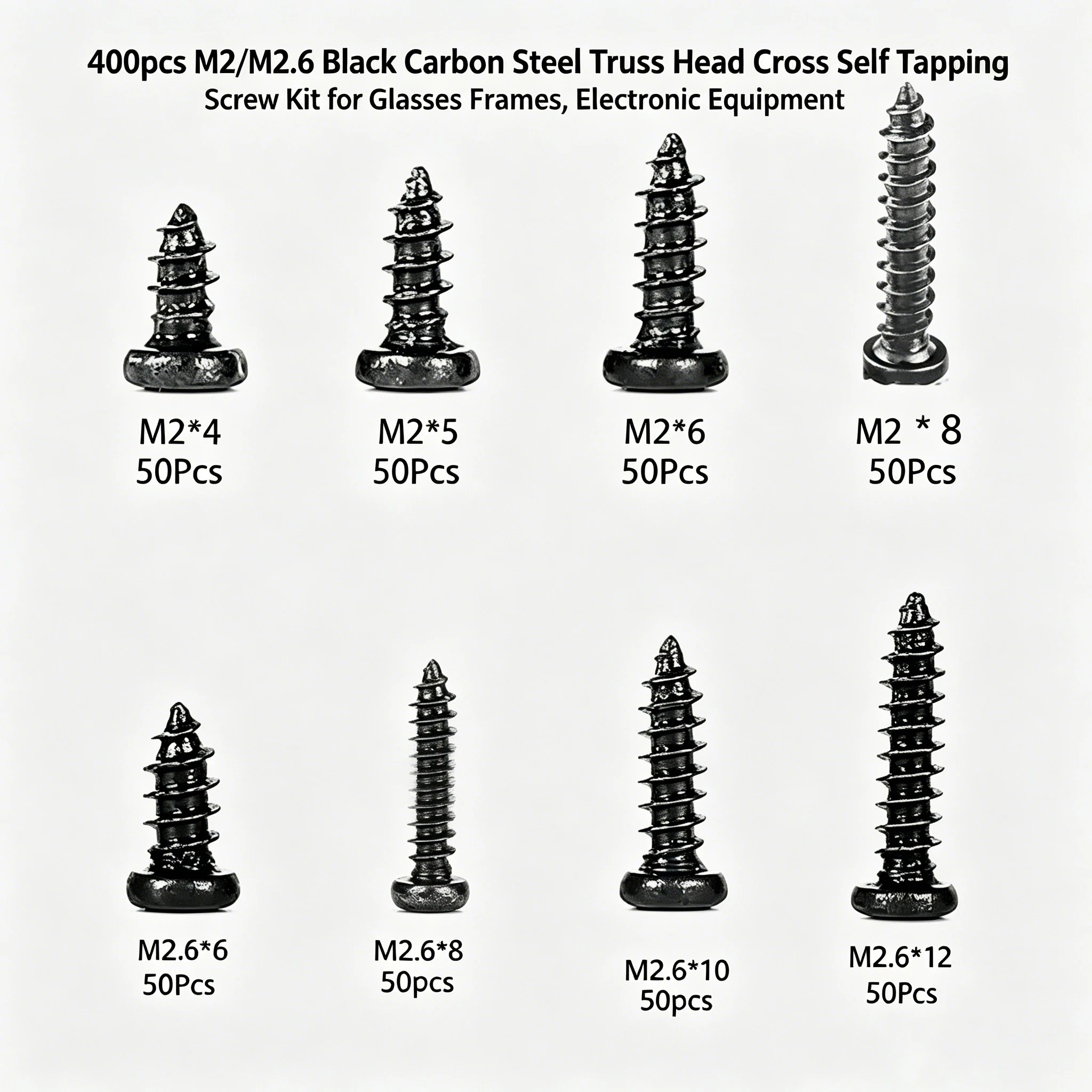 Small Self Tapping Screws 400pc M2 M2.6 Black Truss Head Carbon Steel Kit for Eyeglass Repair & Electronics