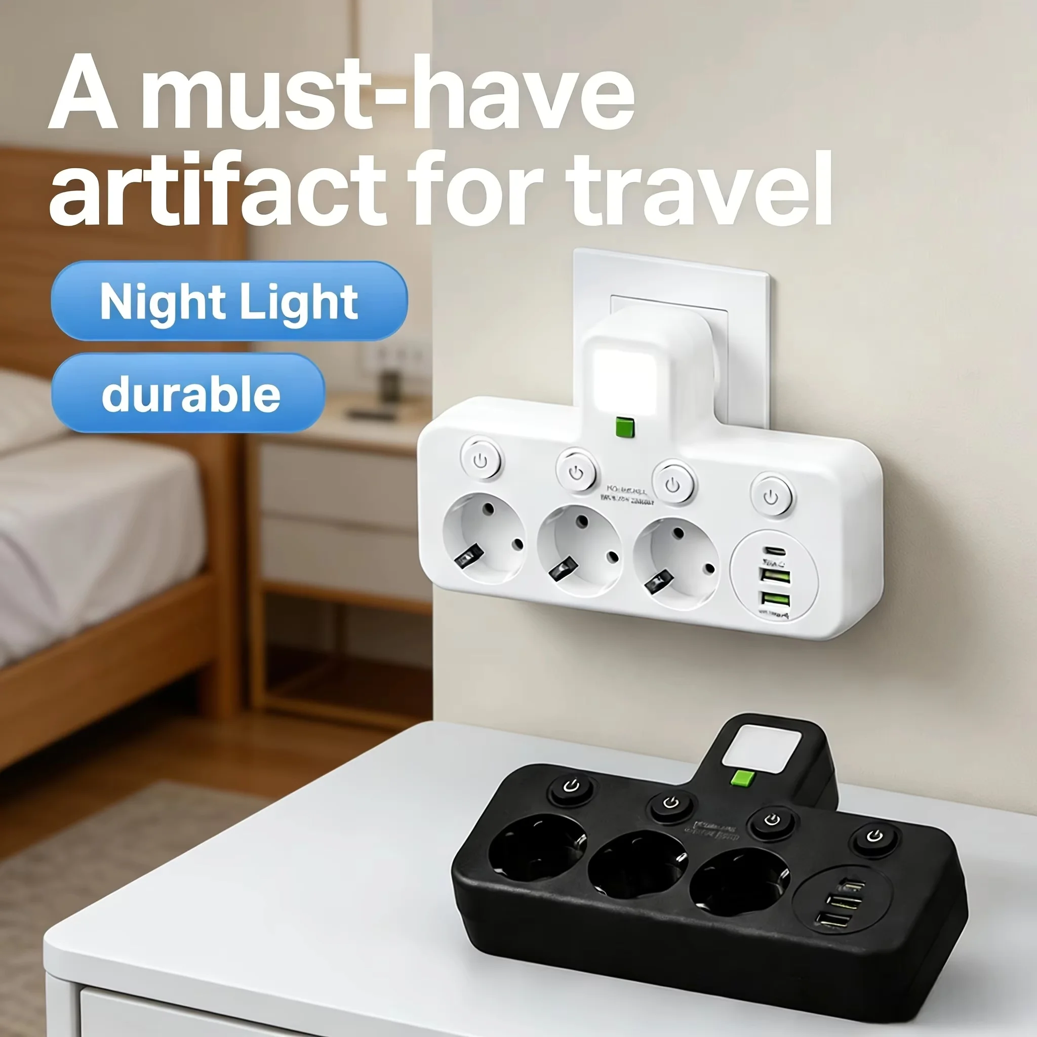 EU Plug Socket 4/3 Sockets Power Strip With 2 USB 2 Type-C Port with Night Light Wall Charger Adapter For Home Offices