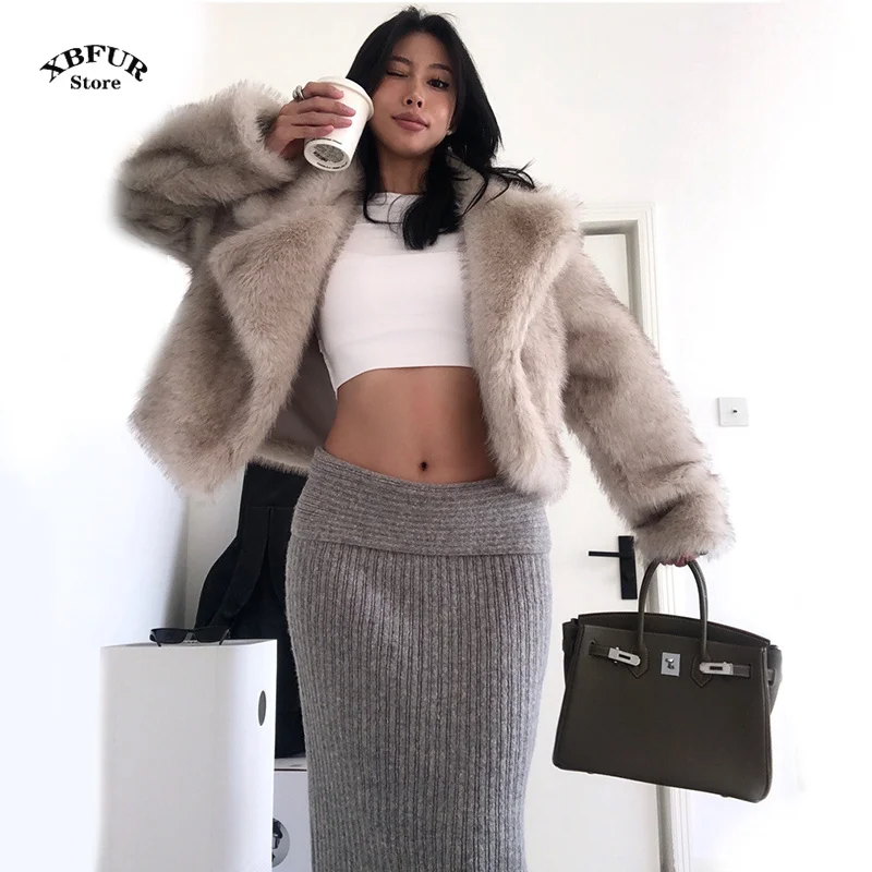 2024 Winter New Fashion Gradient Fluffy Fur Coat Women High Street Luxury Big Fur Collar Faux Fox Fur Jacket Female Overcoats