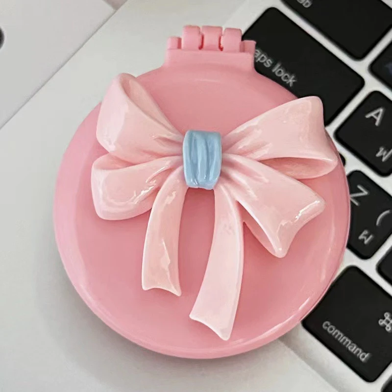

Pink Round Folding Comb With Mirror Portable Bow Decor Anti Static Pocket Hair Brush Cartoon Princess Style Handle Comb Girl