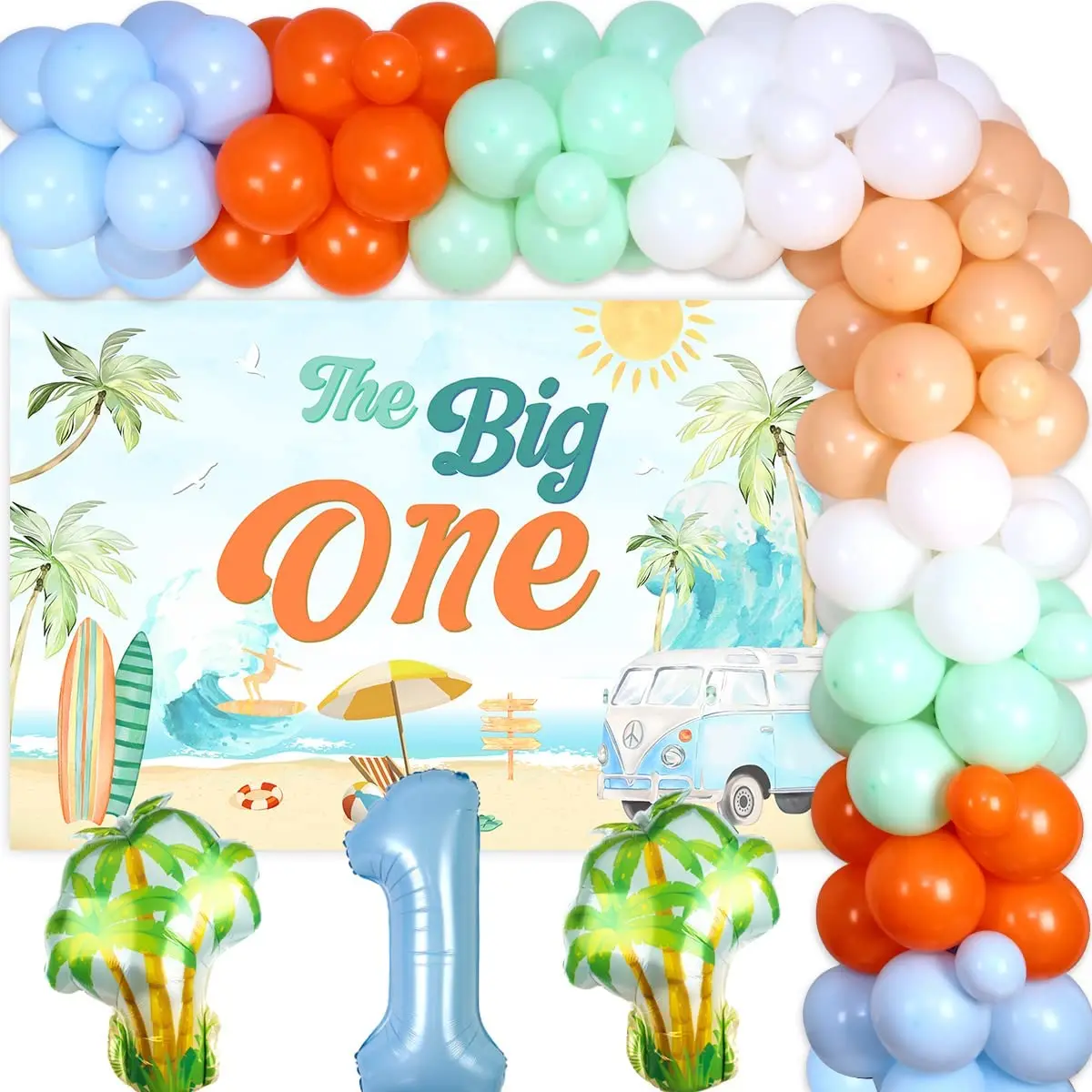 

JOYMEMO Summer Surf Theme 1st Birthday Decorations for Boys The Big One Surfer Backdrop Retro Surfing Pastel Balloon Garland Kit