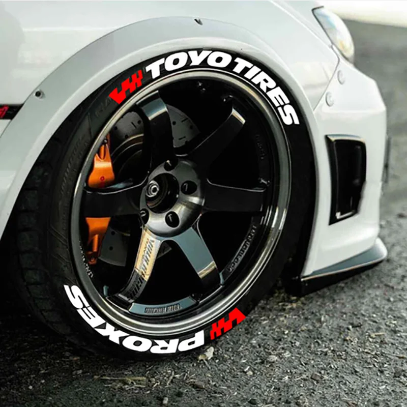Pegatina con letras para neumáticos TOYO TIRES PROXES de 1.2" (30mm) para llantas de 15"-24" con bandera roja para 4 neumáticos, letras con película de transferencia y adhesivo.
