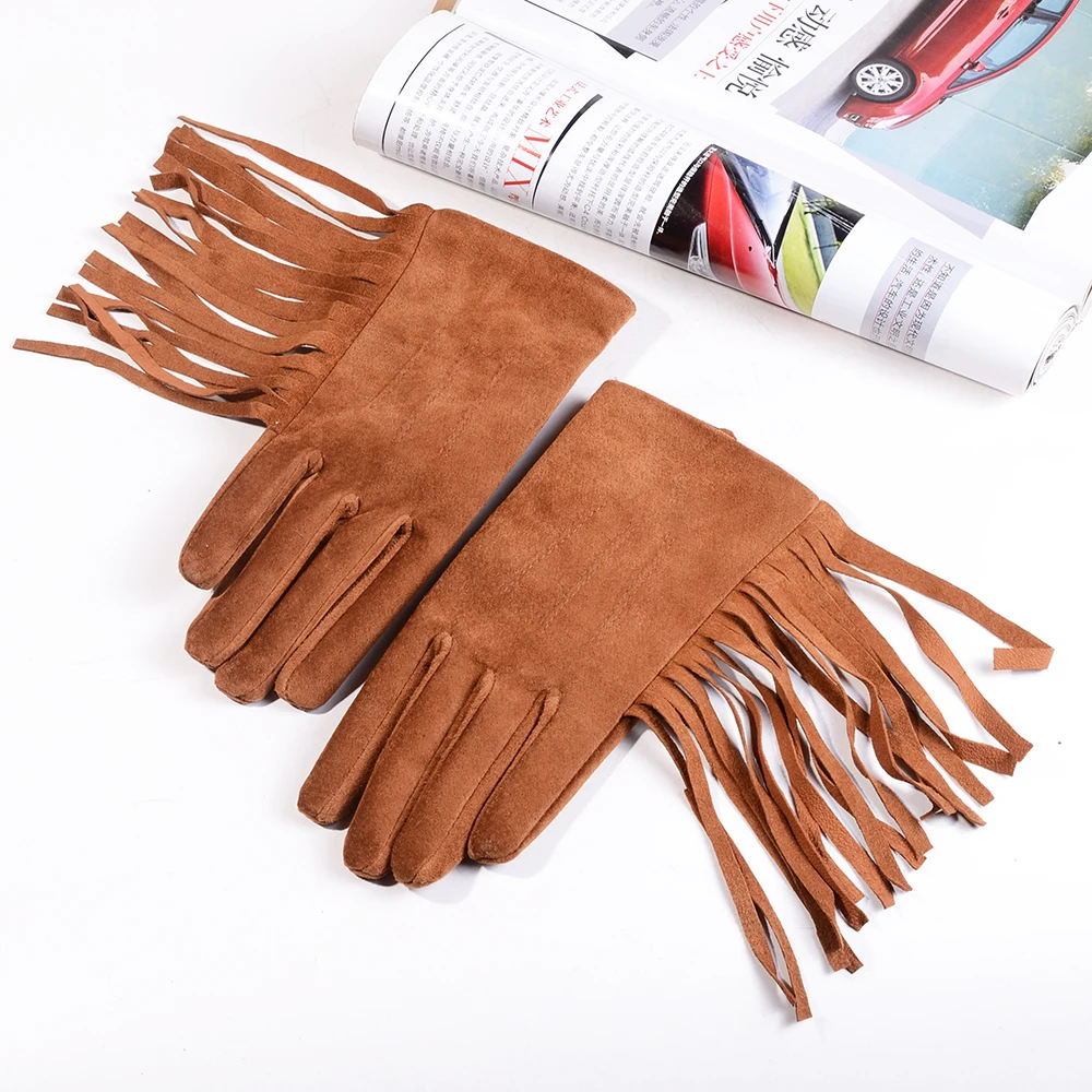 Women\'s Ladies Genuine Suede Leather Tassel Short Gloves Warm Velvet Punk Show Classic Luvas