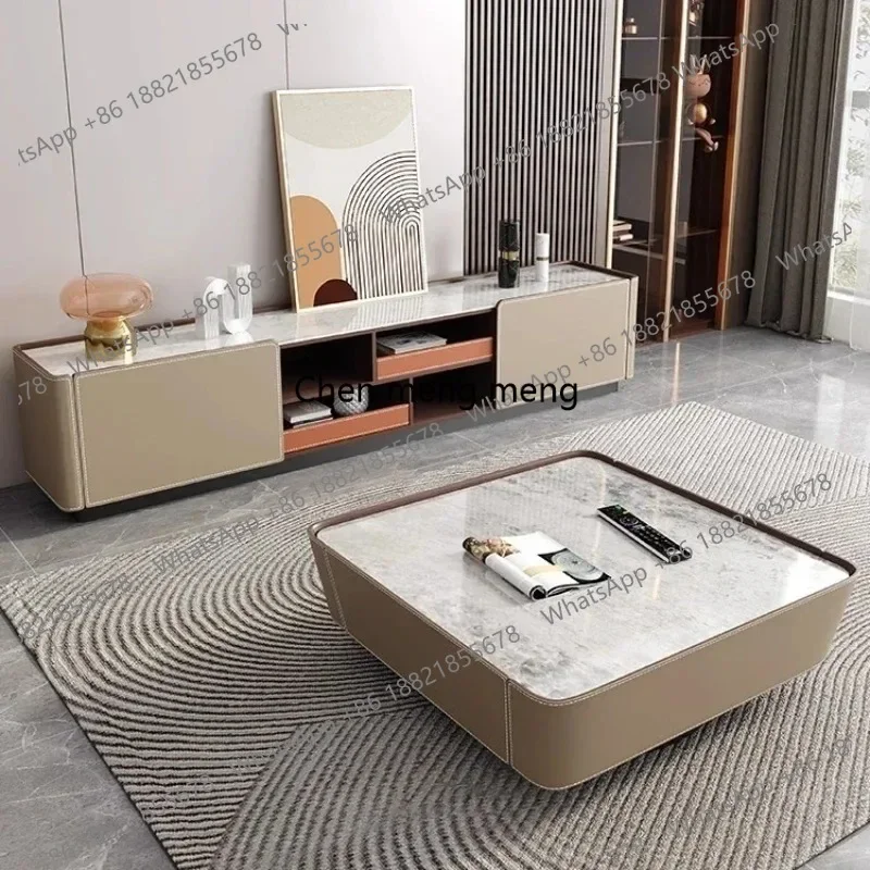 A178TV Cabinet Luxury Saddle Leather Rock Panel Tea Table Combination Modern Small Apartment Livingroom Floorcabinet Storage Cab