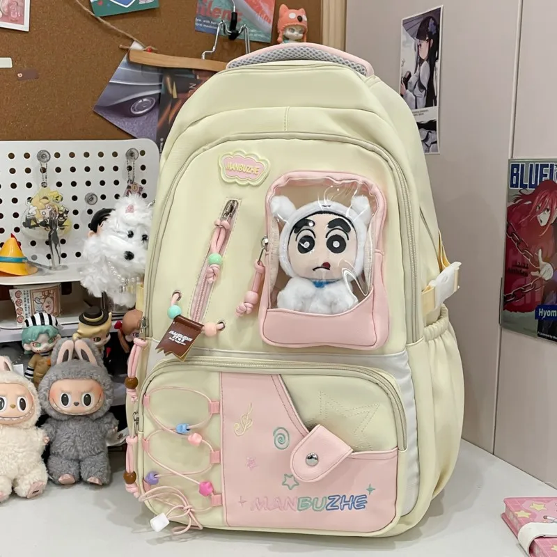 Pastel Green Ita Backpack, Clear Window School Bag with Colorful Bead & Plush Charm, Kawaii Student Daypack for Pin Display