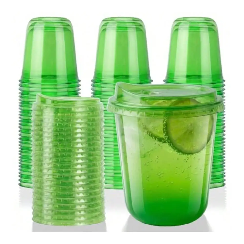 D12oz Disposable Stemless Glasses With Strawless Sip Lids, PET Disposable Drinking Cups, Clear Plastic Wine Glasses For Parties Birthday, Wedding, Meeting, Christmas Party Supplies. 50, Green