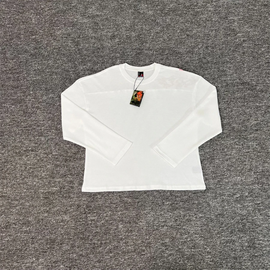 White Waffle Long Sleeve Derschutze Cherry Blossom Embroidery T Shirt Men Women Tee Tops T-Shirt image 2