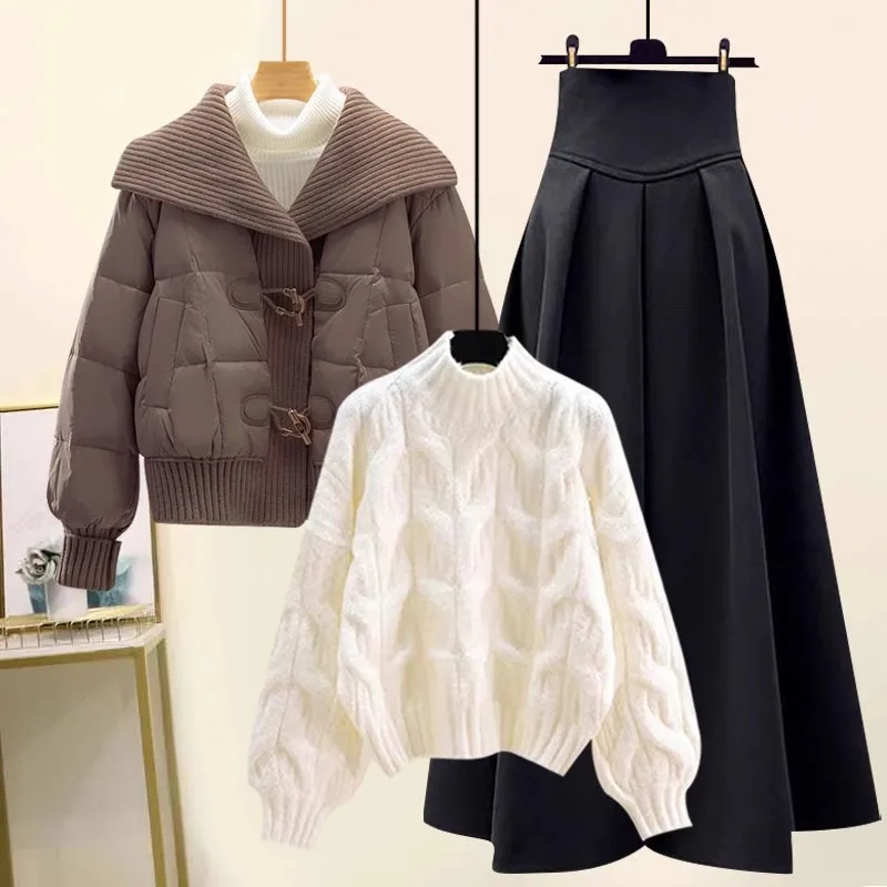 

Thickened Fleece Knitted Cotton Jacket Women's Autumn Winter Half High Collar Top with High Waist Skirt Three Piece Set