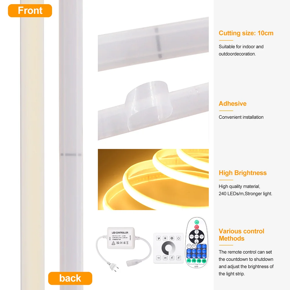 Wifi Bluetooth COB LED Neon Strip Light Wall Touch 23key Remote Control 220V Dimmer Power Kit 5m 10m 20m 0.5m 240LED/m Flex Lamp image 5
