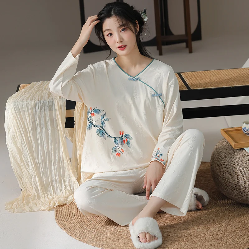 

Хлопковые женские пижамы, осенне-зимний женский пижамный комплект, повседневная мягкая женская домашняя одежда с длинными рукавами, одежда для сна M-XXL
