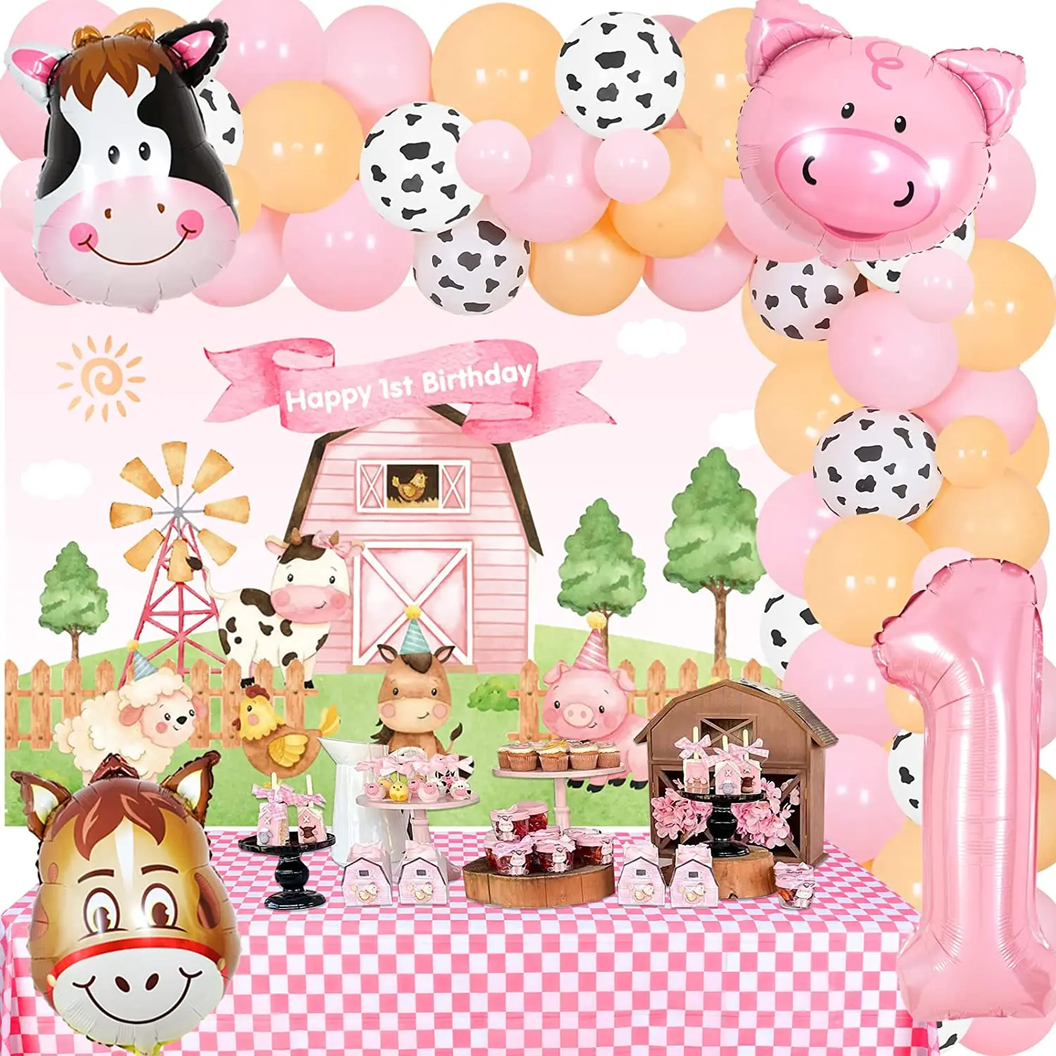 

Pink Apricot Farm Animals 1st Birthday Party Decorations Farm Barn Balloon Garland Arch Kit with Backdrop Tablecloth for Girls