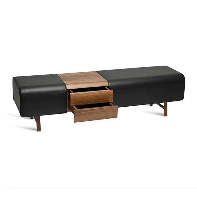 Minimalist bedroom bedside solid wood storage bench leather modern light luxury