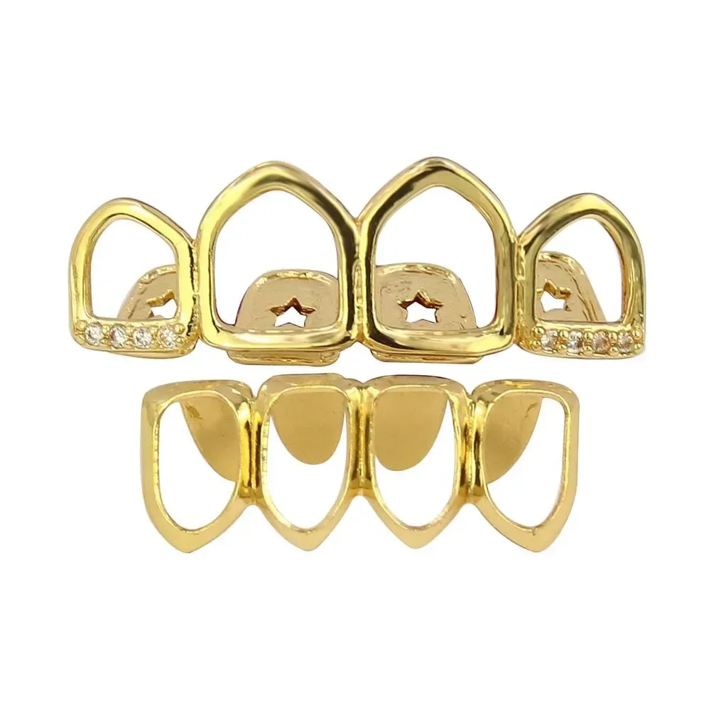 

Модные 4/4 полностью полые зубы CZ Grillz 14-каратного позолоченного зубного колпачка, стоматологические грили, ювелирные изделия для мужчин и женщин с декоративными клыками