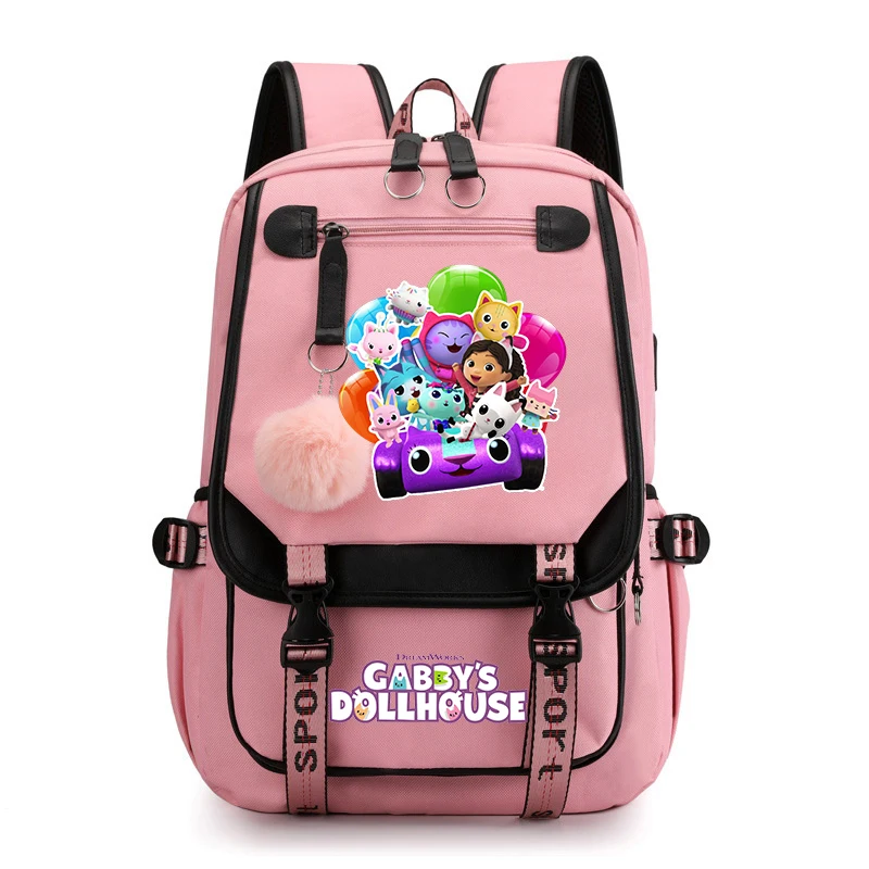 

Kawaii Gabby's Dollhouse Print Backpack for Teenage Girls Usb Charging School Bags Kids Cartoon Bookbag Women Outdoor Travel Bag