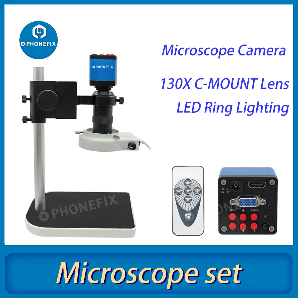 38MP HDMI VGA Industry Digital Microscope HD Camera 180X C Mount Lens 56LED Ring Light for Phone Electronics Soldering Repair