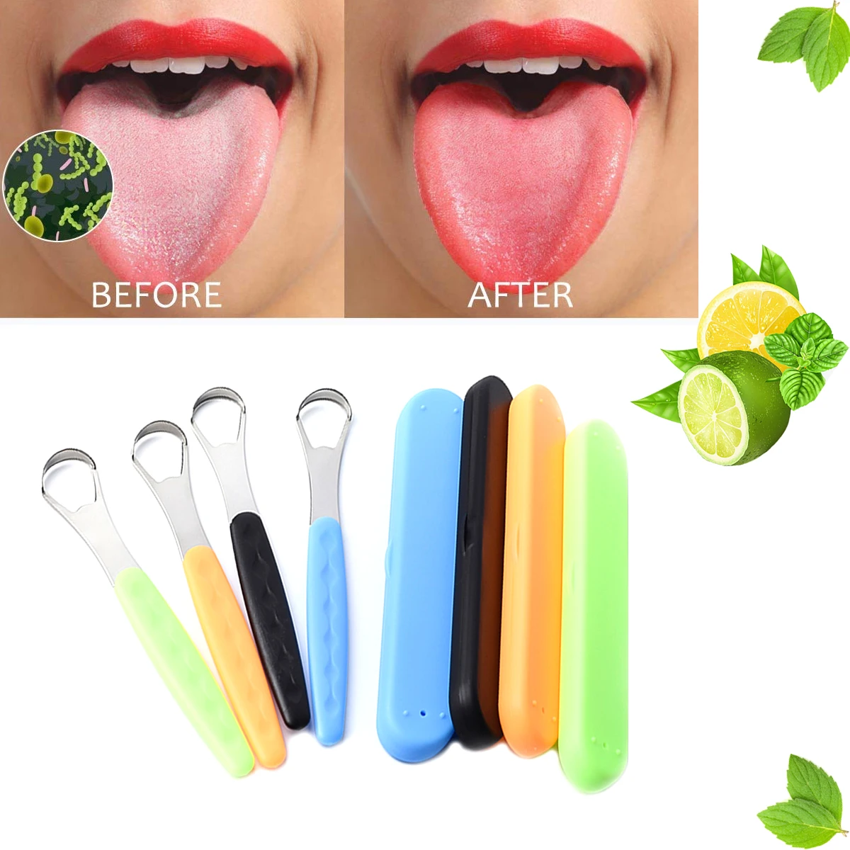 1Pc Tongue Cleaners Portable Case Stainless Steel Color Tongue Scraper Adult To Remove Bad Breath Mouth Cleaner Board Reuse