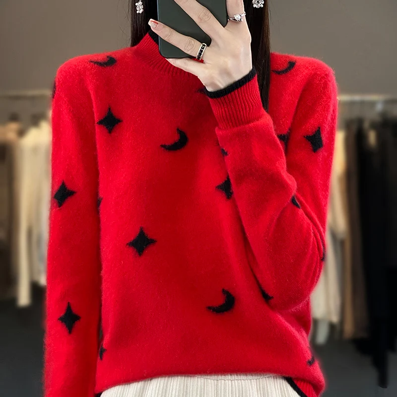 2023 Autumn and Winter New style Cashmere Sweater Women\'s Clothing O-Neck Pullover 100% Merino Wool Jacquard Top Fashion Korean