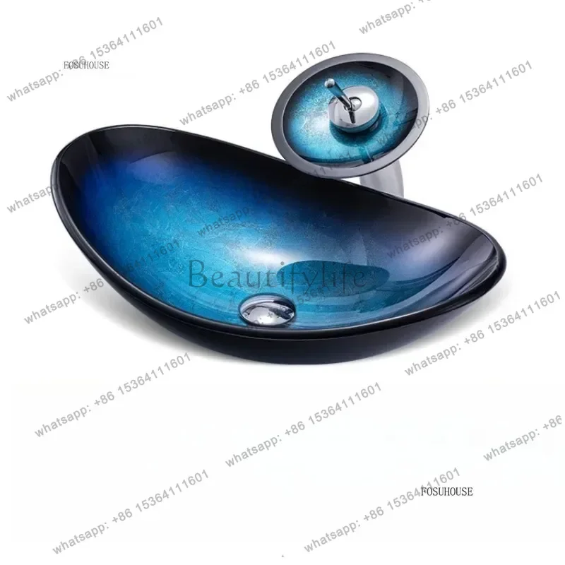 FG Tempered Glass Bathroom Vessel Sink with Waterfall Bathroom Oval Blue Vessel Sinks Black Faucet Tap Above Counter Basin
