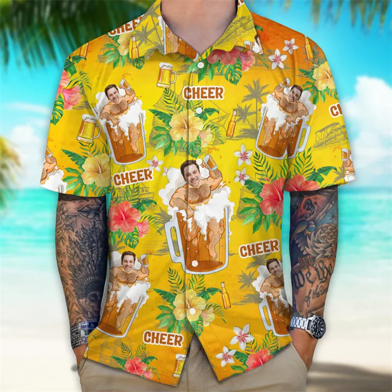 

Custom Photo Beer Hawaiian Shirt Men Summer Beach Street Shirts Gift For Beer Lovers Short Sleeves Tops DIY Face Party Blouse