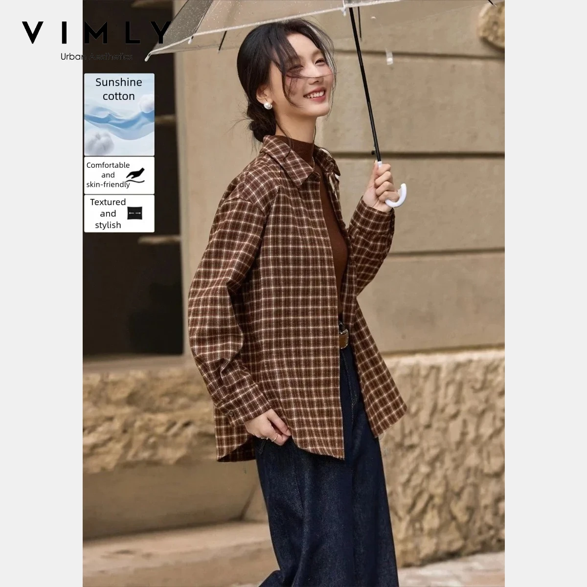 

VIMLY Women's Simple T-Shirt Retro Drop Sleeves Lapel Collar Loose Plaid Shacket Single Breasted Long Sleeved Women's Coat A3556