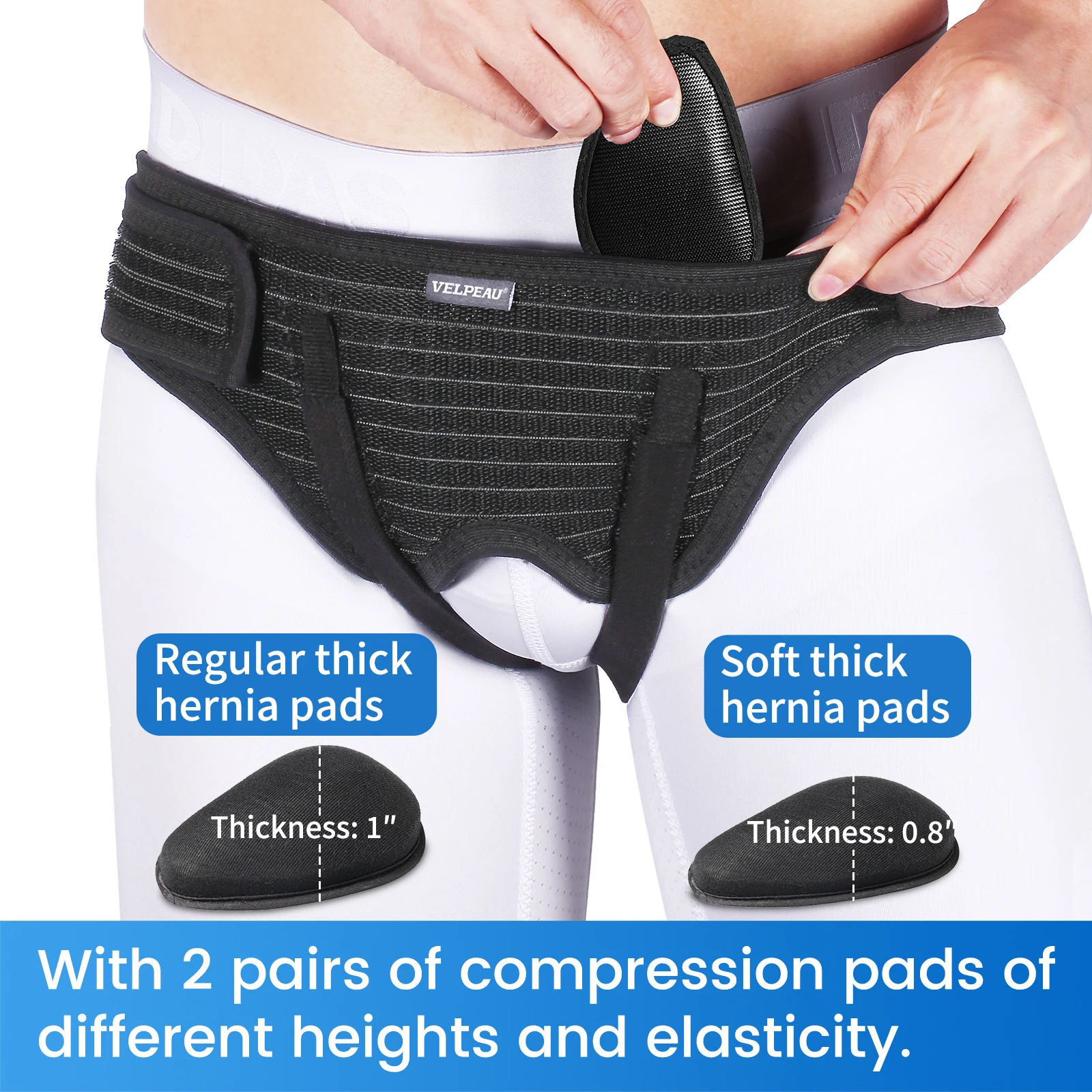 VELPEAU Ceinture pour hernie pour soulagement de la douleur et inguinale simple/double, ceinture de soutien pour hernie de l'aine avec 4 coussinets de compression amovibles