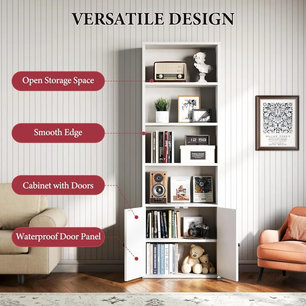 Rak Buku Kayu Tinggi 6 Tingkat dengan Pintu Kabinet, Penyimpanan Berdiri untuk Buku dan Perlengkapan Kantor