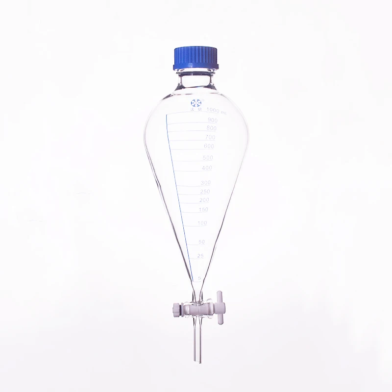 FAPEI Separatory funnel pear shape,Polypropylene threaded cap GL45mm and stopcock 1000ml,PTFE switch valve,With tick marks