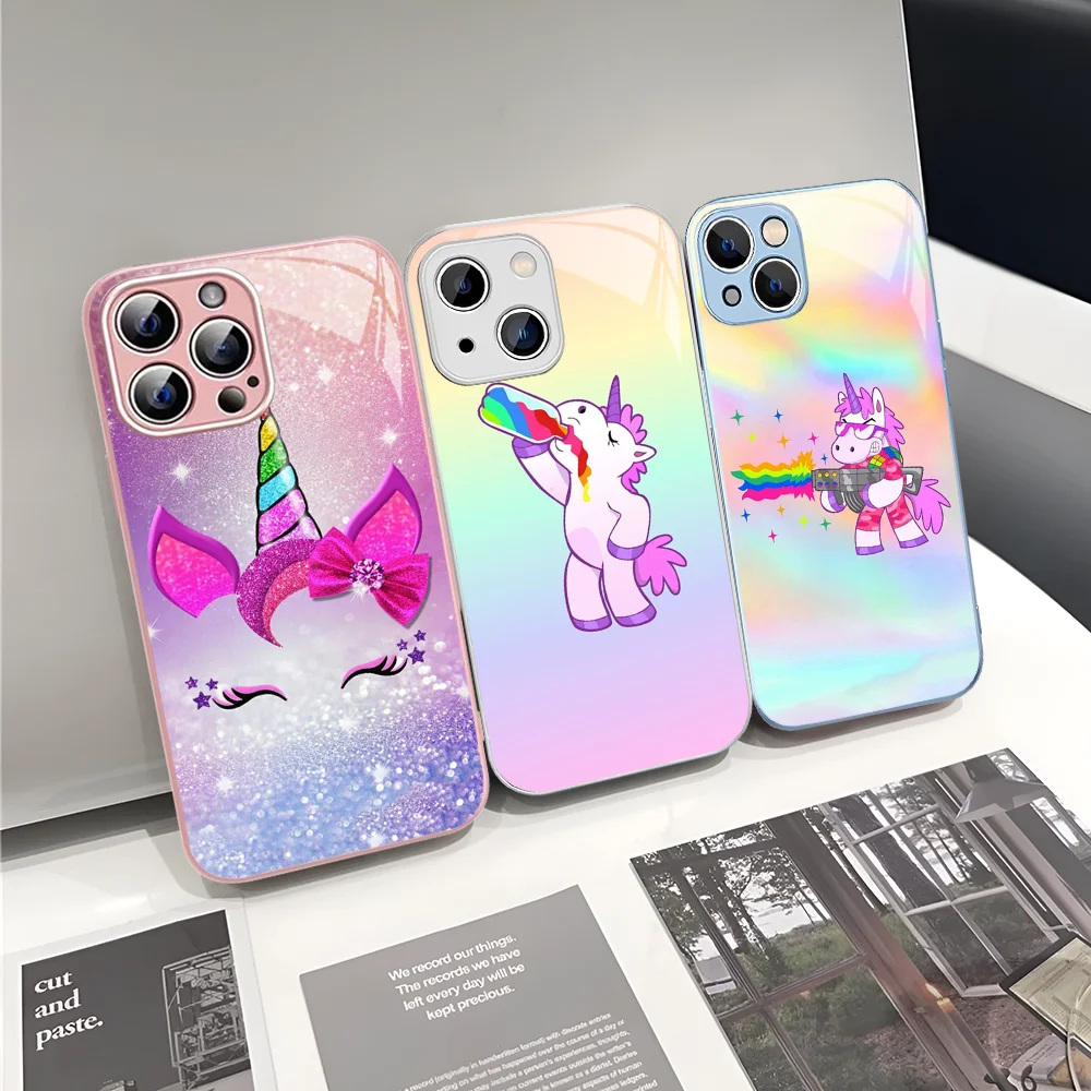 

Pink Unicorn Rainbow Phone Case Tempered Glass For Iphone 14 13 12 11 Pro Mini XS MAX 14Plus X XS XR Cover