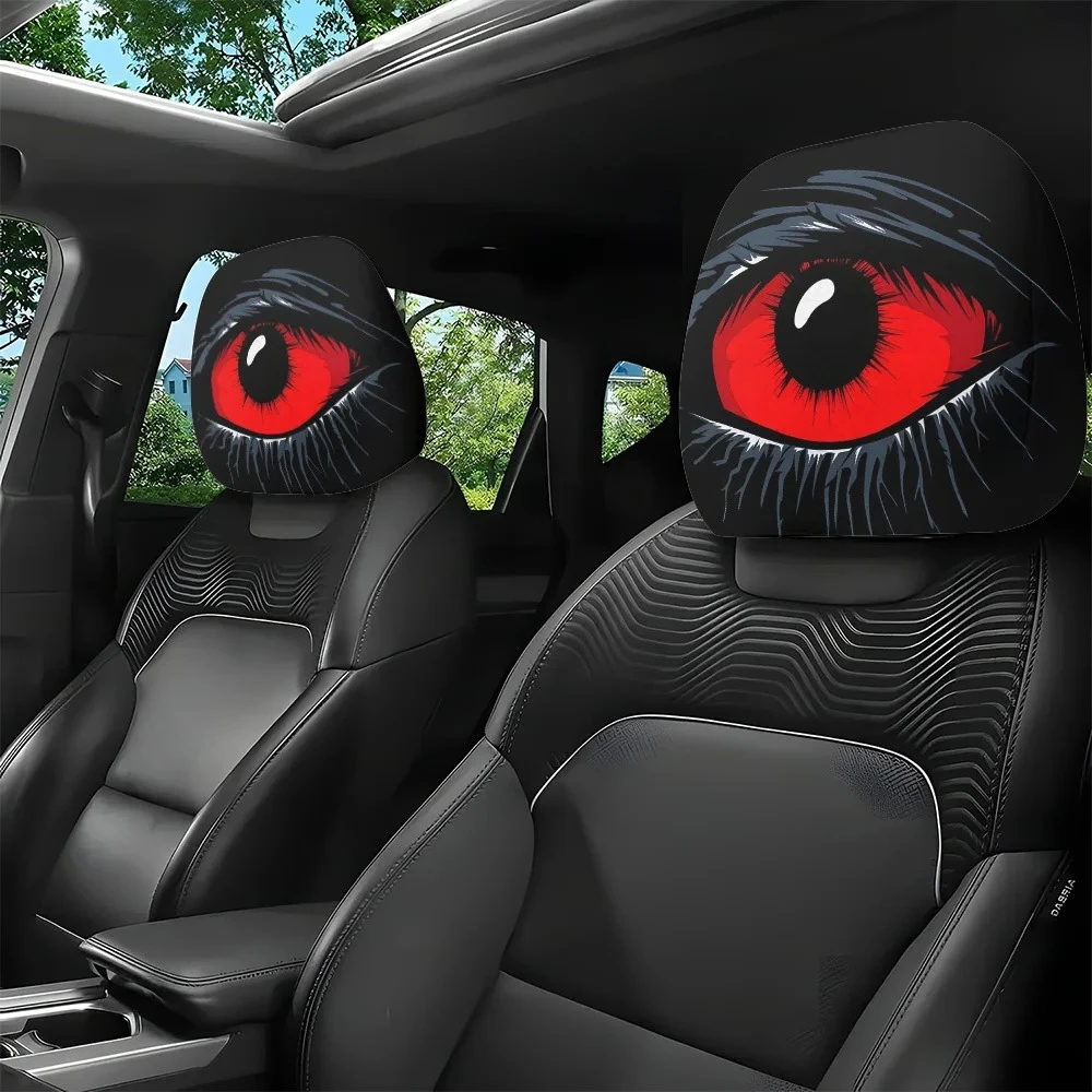 2 Pcs Red Devil Eye Car Headrest Covers Gothic Design Washable Fit GM Vehicles