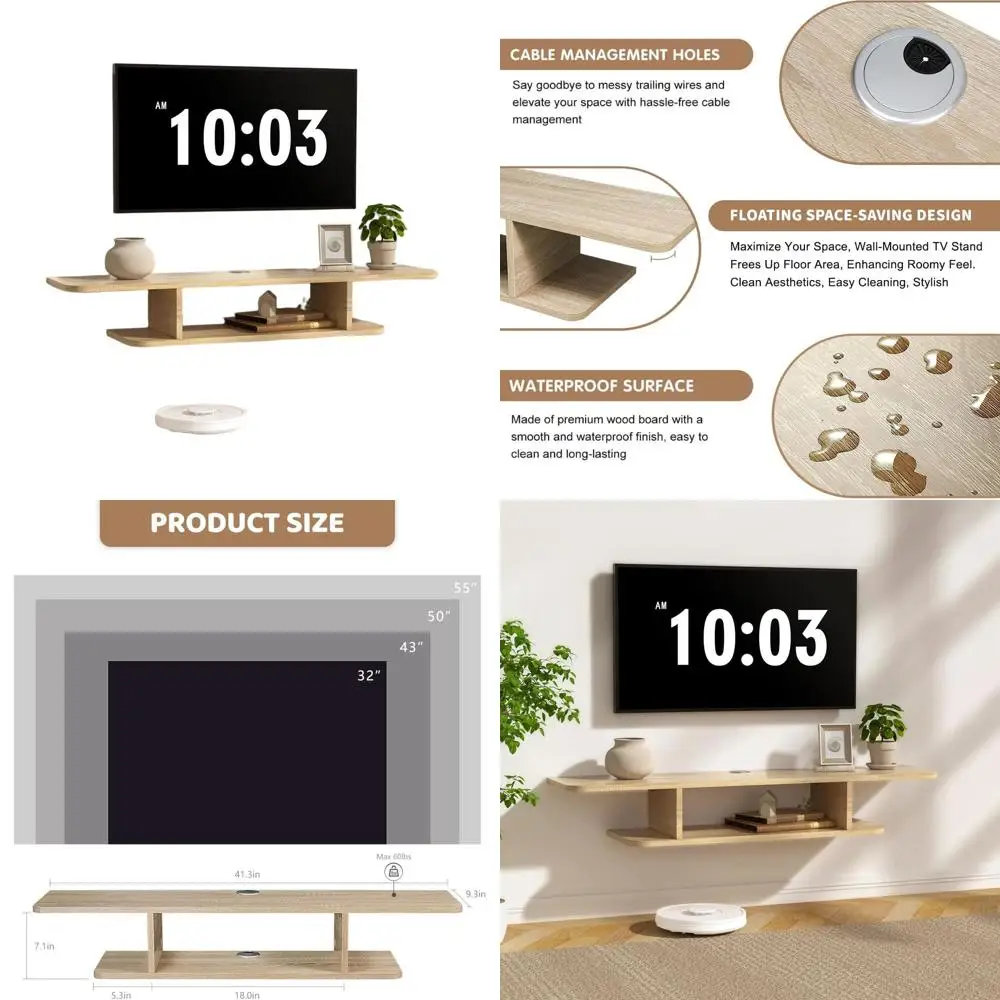 

Natural Oak Wall-Mounted TV Stand with Storage for Living Room and Bedroom