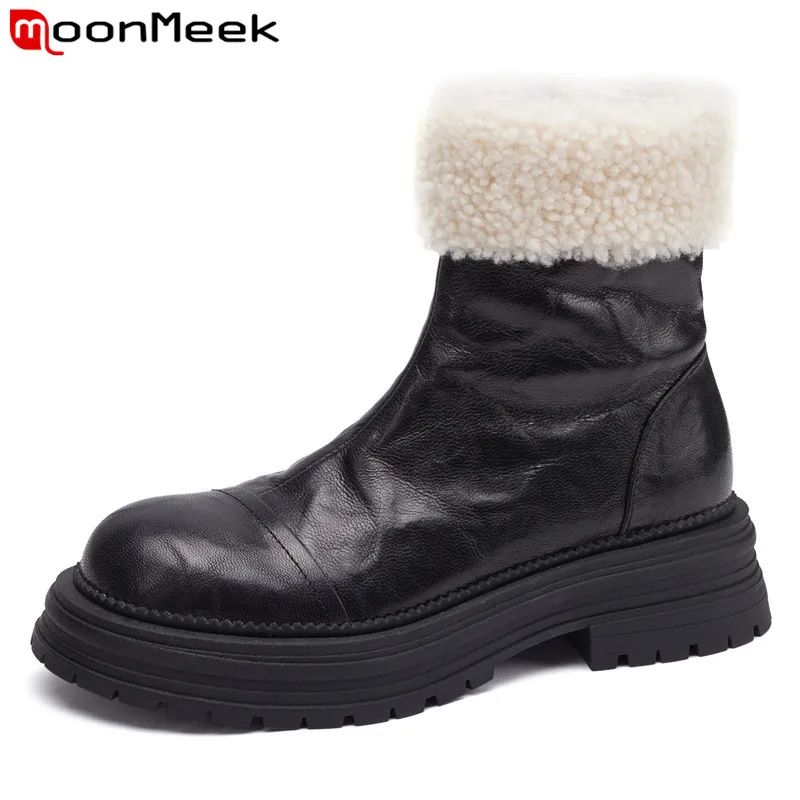 

MoonMeek Genuine Leather Boots Women Zipper Square Mid Heels Thick Fur Warm Winter Boots Platform Fashion Ankle Booties