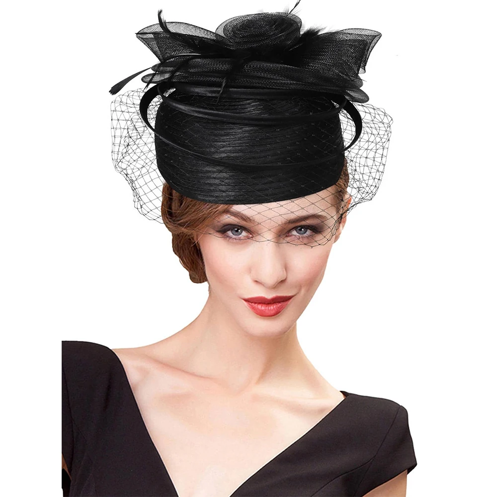 2024 Wedding Church Red Hats Fascinators For Woman With Feather Veil Cocktail Party Headdress Lady Elegant Kentucky Derby Cap