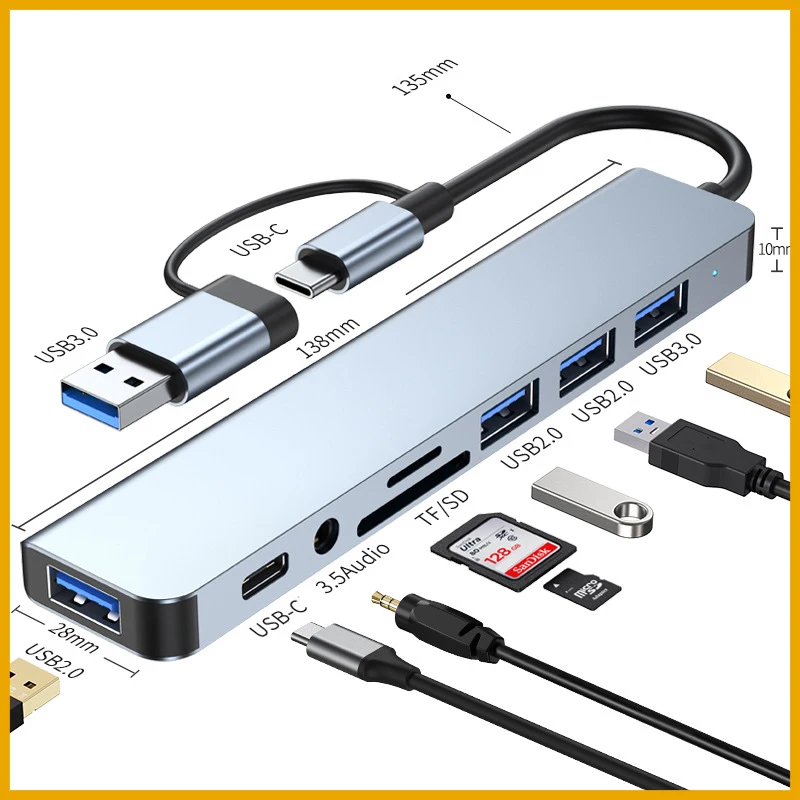 New 2026 8 In 2 USB HUB With Splitter Card Reader USB C Port USB 3.0 / 2.0 SD/TF Splitter Card Reader Docking Station