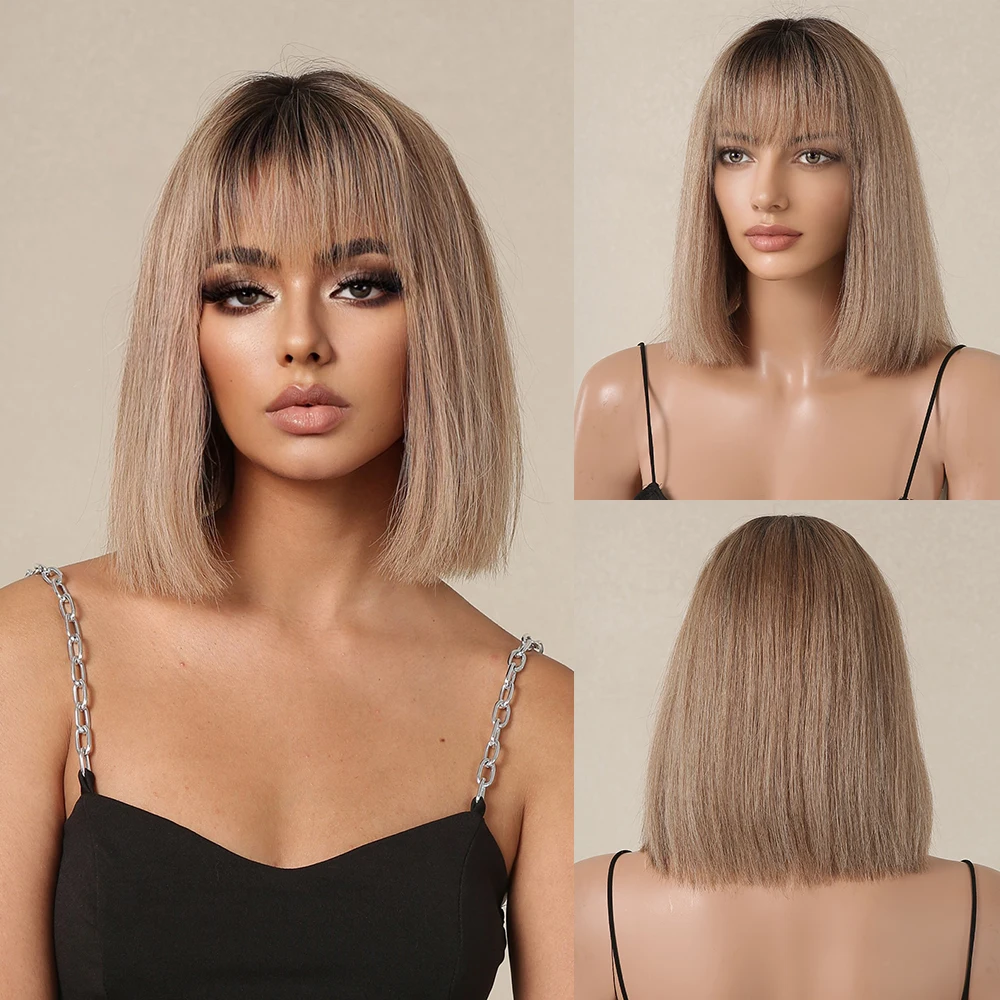 Bob Ombre Brown Blonde Straight Remy Human Hairs Wig for Women Natural Short Wigs with Bangs Heat Resistant Ash Brown Remy Hair