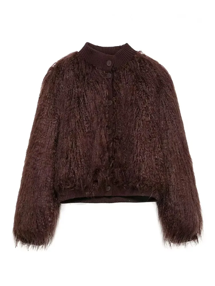 HH, nueva chaqueta de cuello redondo tejida con efecto de piel sintética para mujer, abrigo de manga larga con temperamento elegante de invierno para mujer