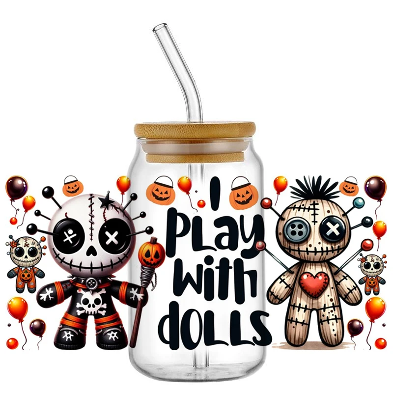 Voodoo Decal UV DTF Cup Wrap for 16oz Libbey Glass DIY Horror Dolls Mug Self-adhesive Washable Transfer Sticker