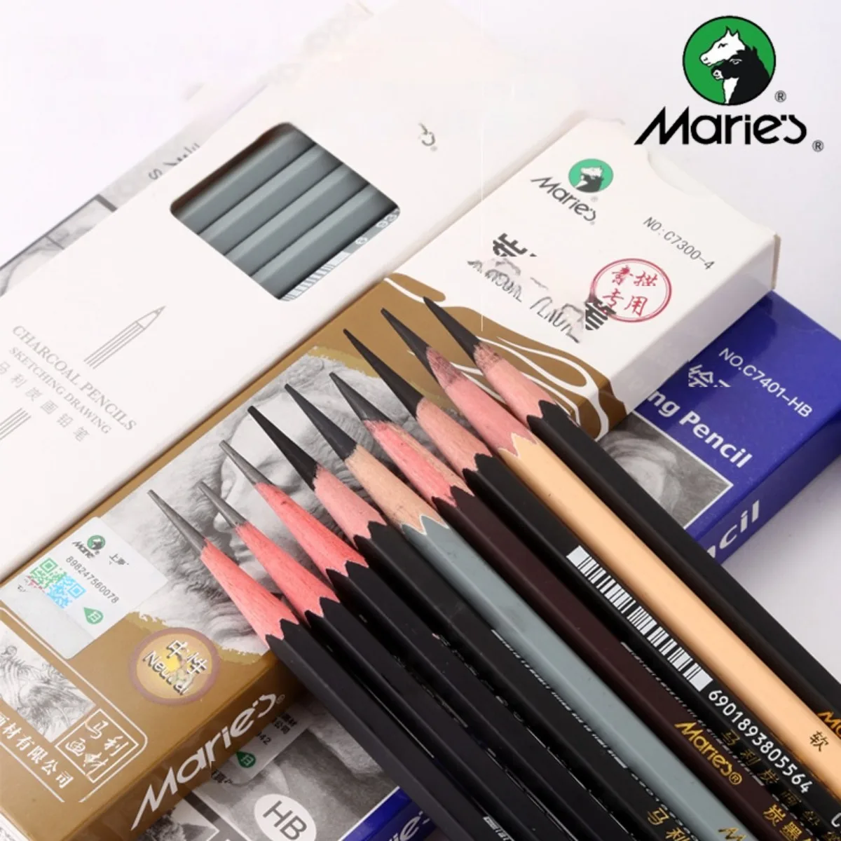 Maries 12 ชิ้น HB-14B ชุดดินสอ, กราไฟท์ไม้ Handle สําหรับ Sketch, ไฮไลท์, เงาภาพวาดศิลปะเครื่องเขียน