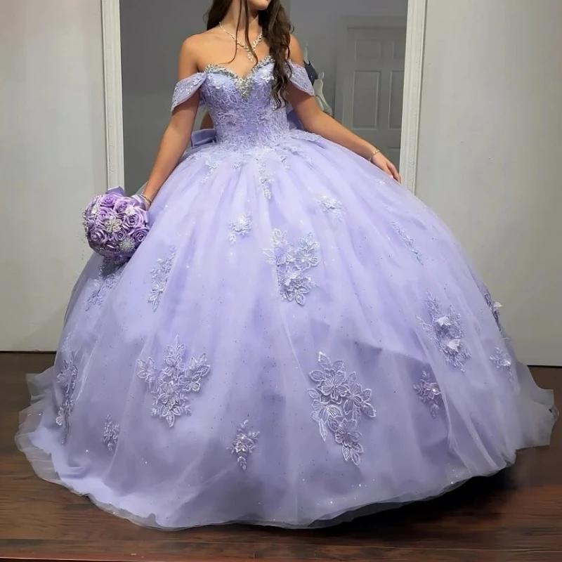 

Lavender Shiny Quinceanera Dresses Ball Gown Off The Shoulder Lace Applique Beads Tull Sweet 16 Dress Mexican Birthday Vestidos