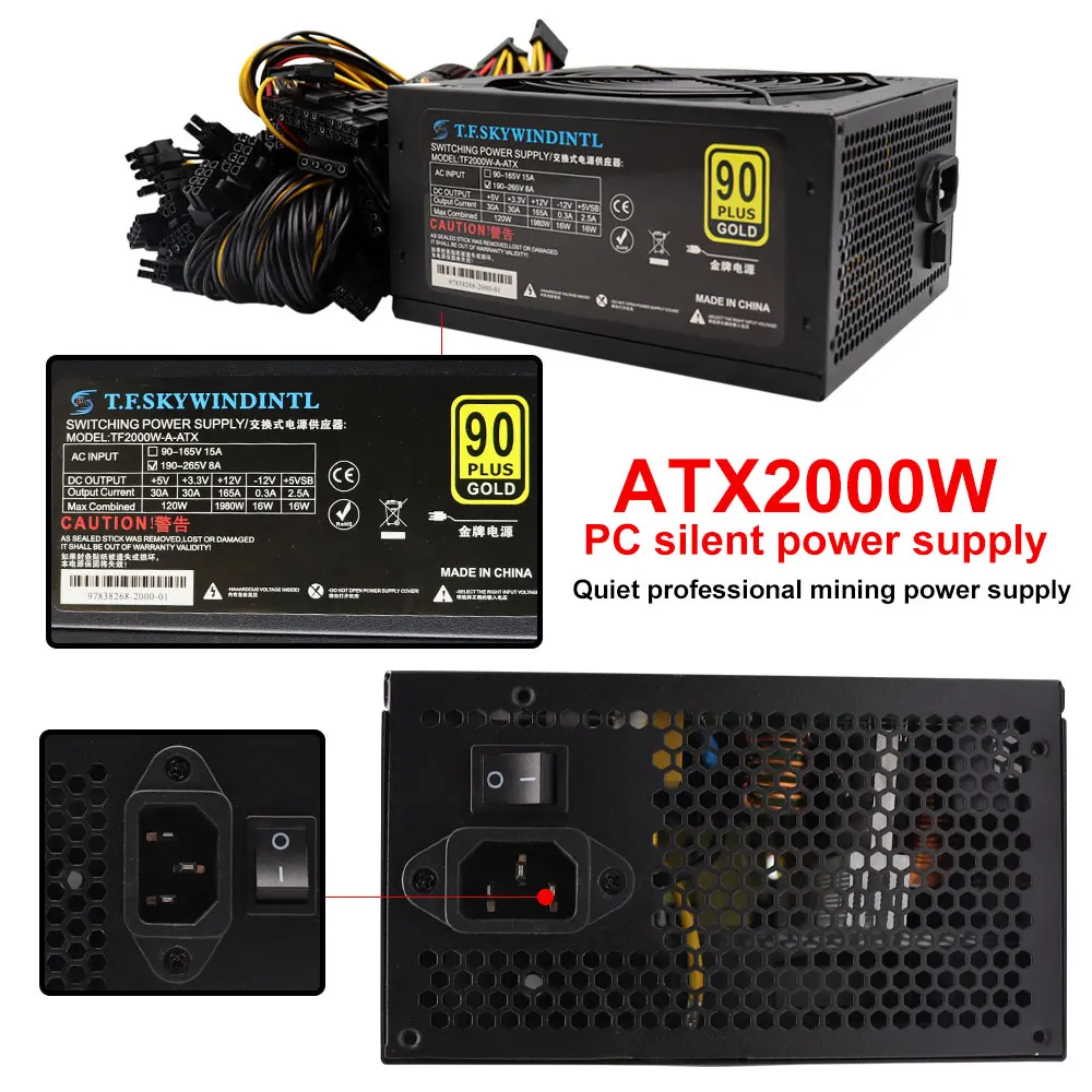 2000W Mining PSU Support 8 Display Cards GPU 12V 20+4PIN 164-264V PC Power Supply For BTC ETH Bitcoin Miner Power Supply