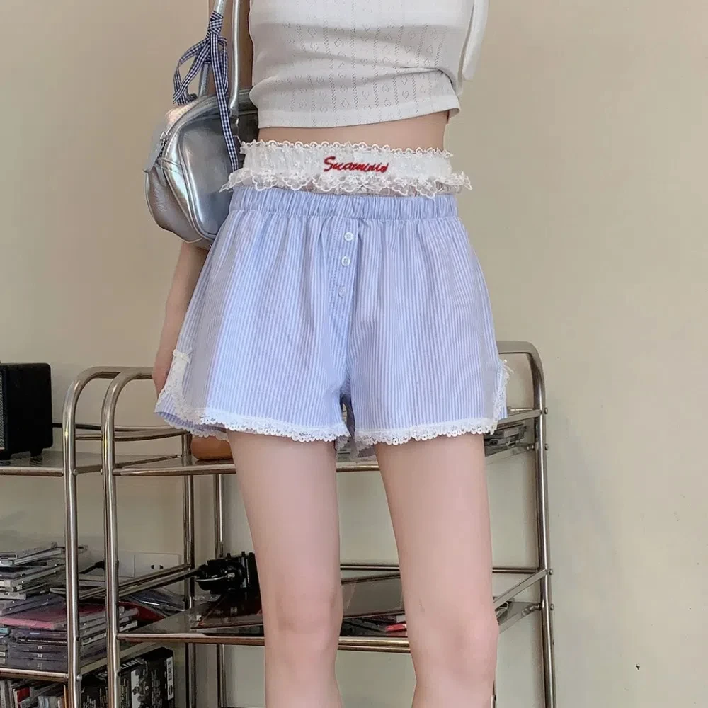 

Casual Loose Lace Plaid Shorts Mesh Flower Sweet High Waist Shorts Lolita Stripe Wide Leg Short Pants Summer
