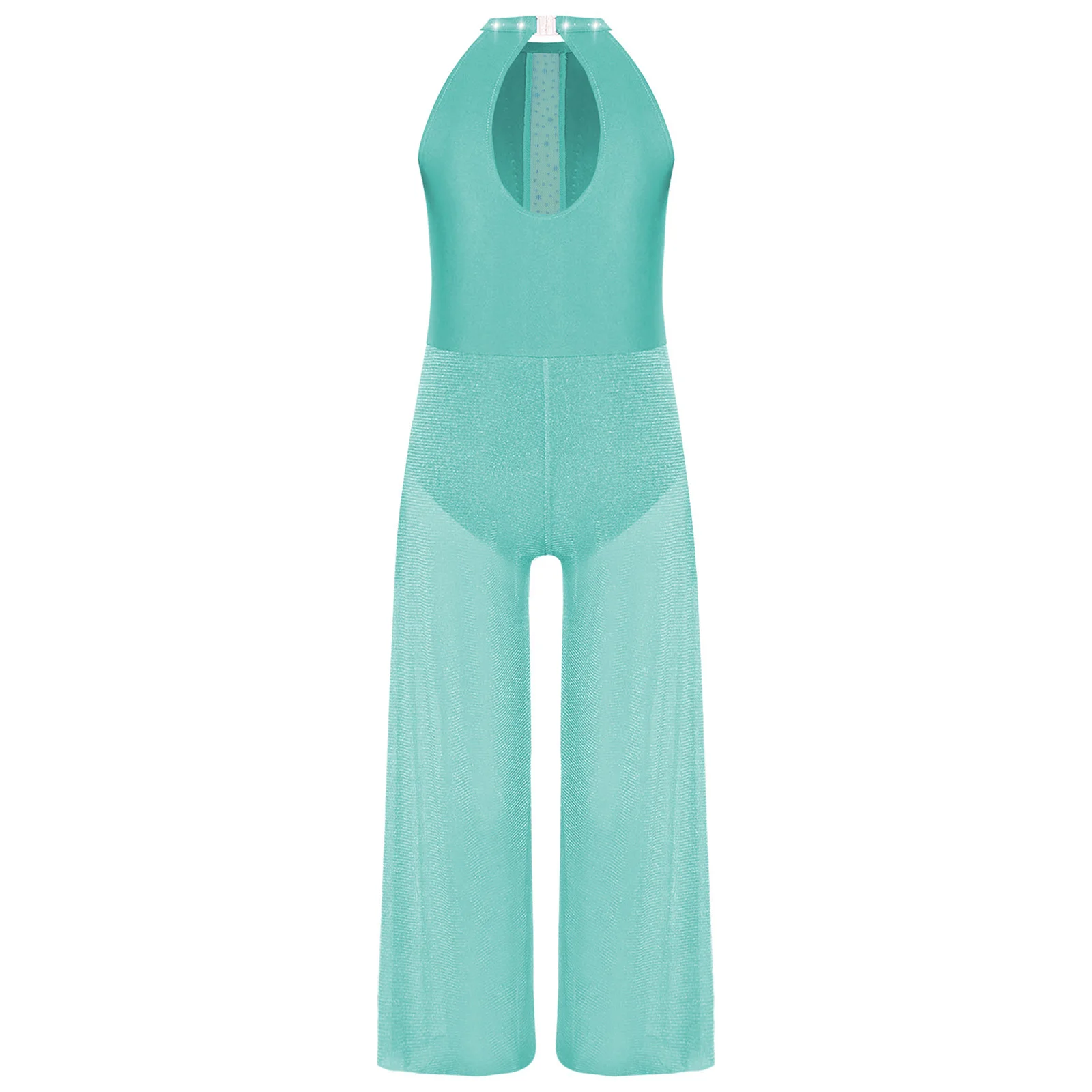 Meisjes strass glanzende bodysuit gymnastiek ballet hedendaagse danskostuum mouwloze zijkanten split wijde pijpen dans jumpsuit