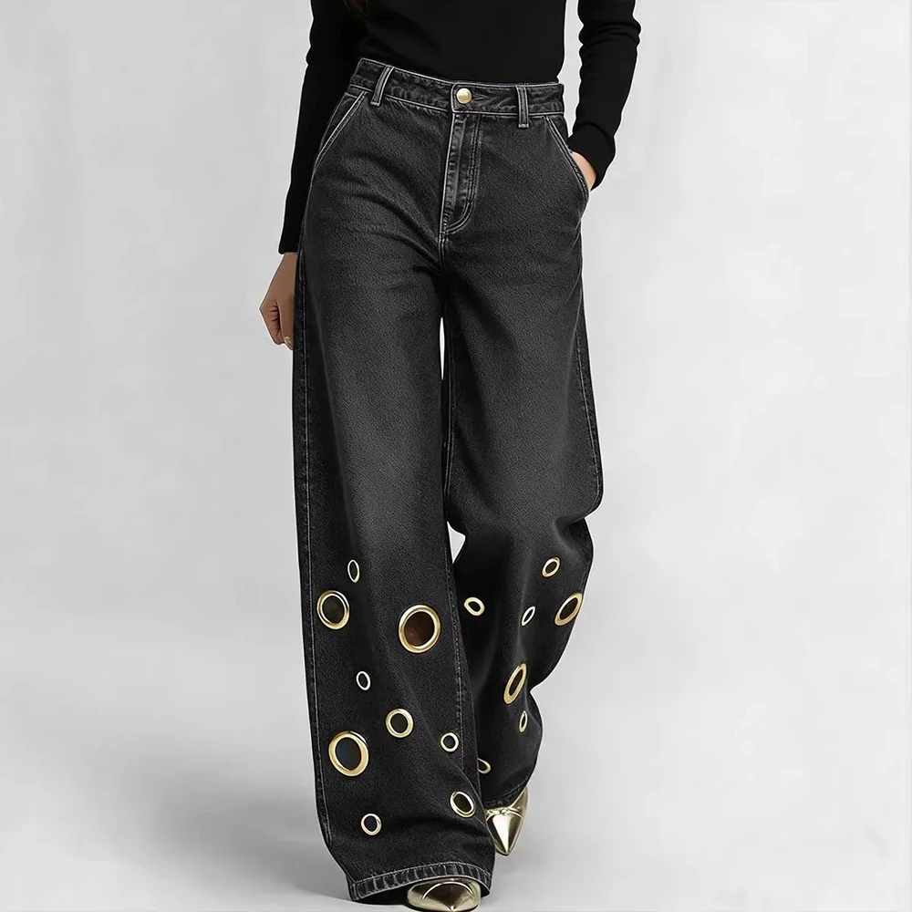 

Women's High Waist Wide Leg Jeans with Gold Eyelets Vintage Baggy Denim Pants, Y2K Streetwear Hollow Out Trousers Ladies Jeans