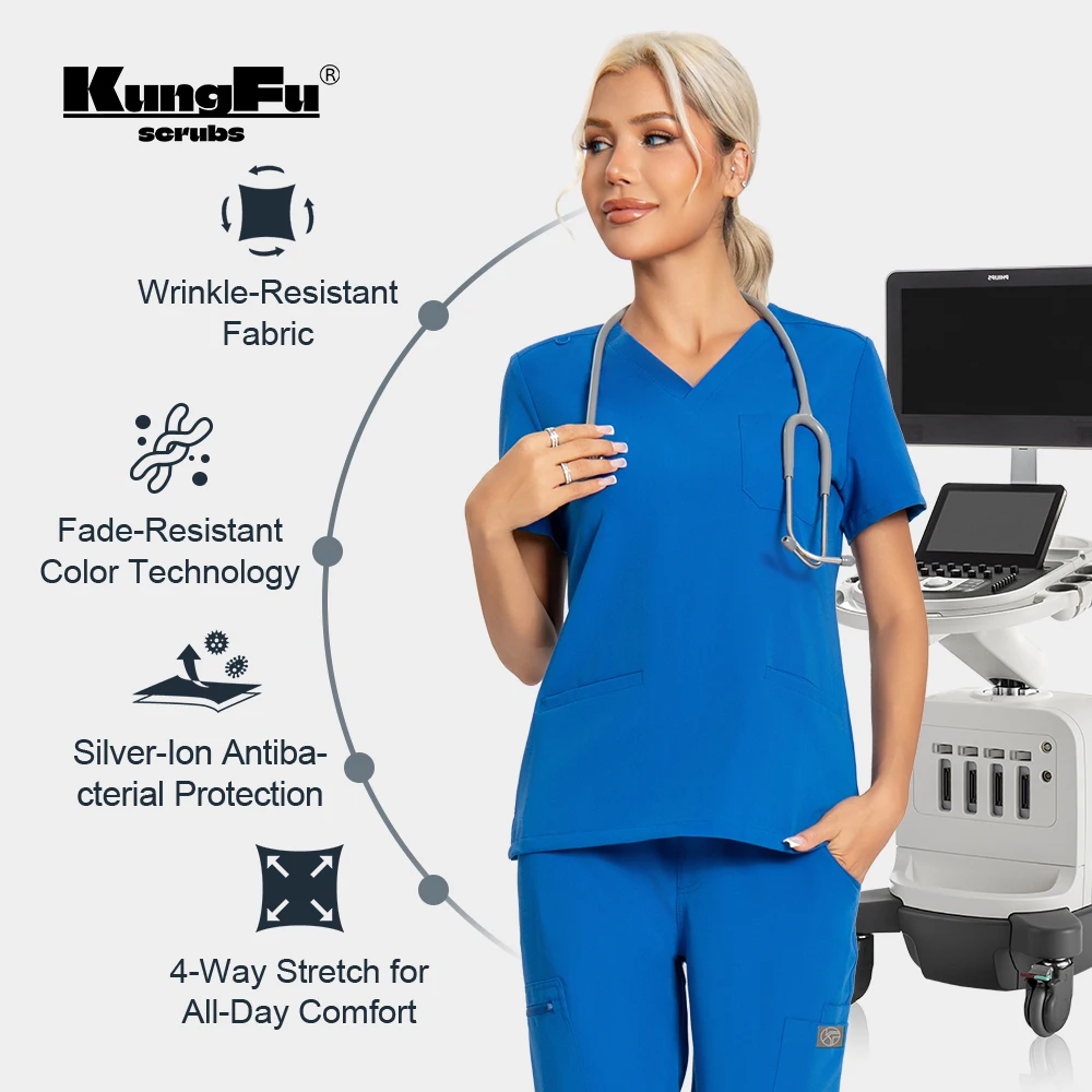 

Nurse Uniform Scrub Top Pant set Women Medical Antibacterial Surgical Gown Softness Wrinkle-resistant Waterproof Scrubs Workwear