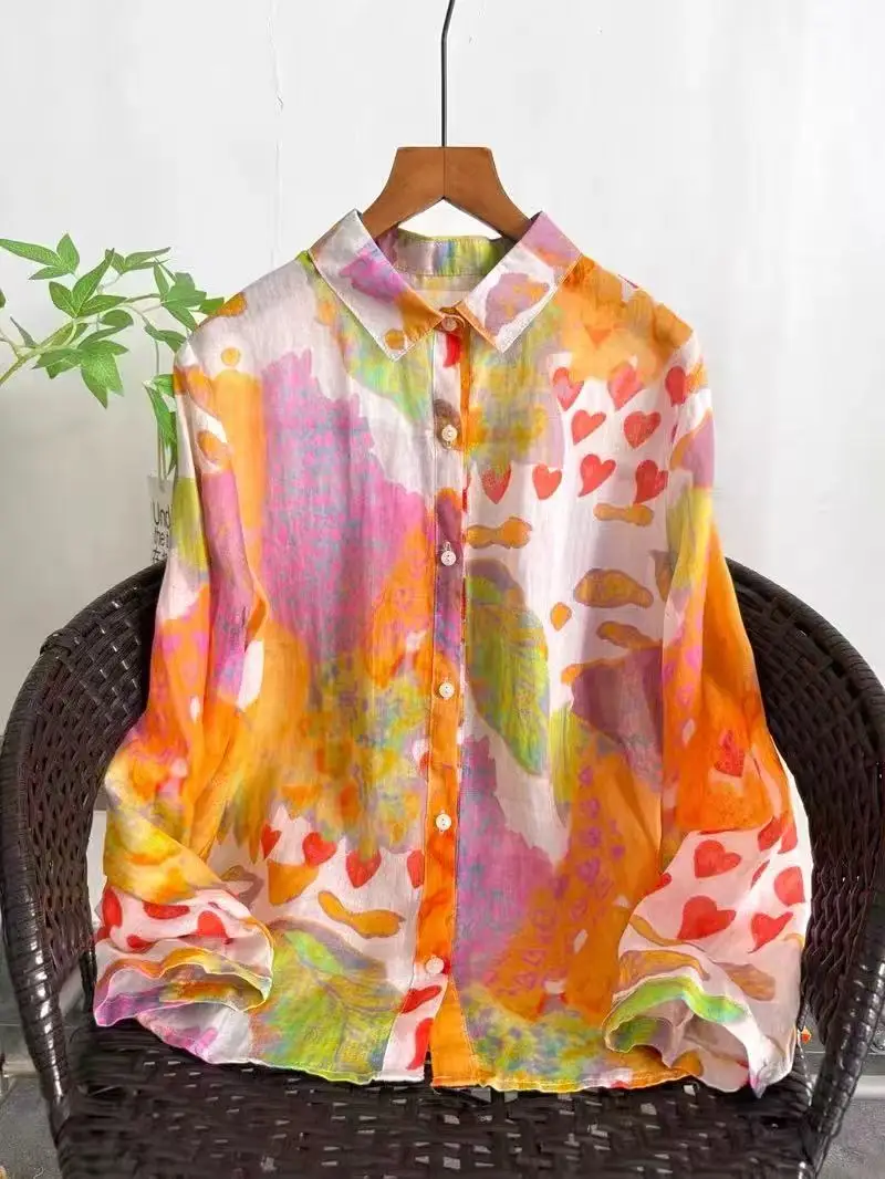 Artistic Graffiti Abstract Pure Ramie Linen Blouse for Women Orange Pink Color Splash with Heart Pattern Long Sleeve Shirt