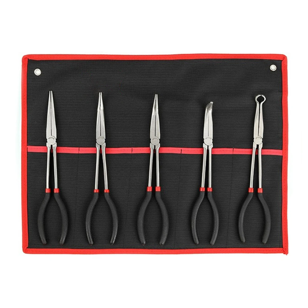 5PCS 11 Inch Long Reach Needle Nose Pliers Set 0° 25° 45° 90° Curved Tip O Ring Pliers Auto Repair Hand Tools With Storage Bag