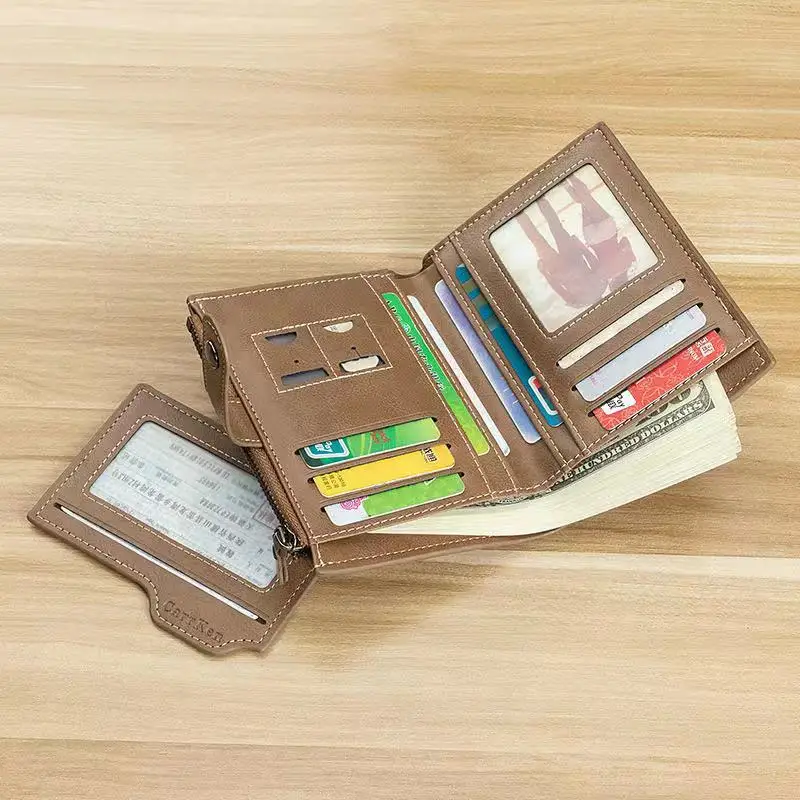 Fashion Snap Button Men's Short Wallet Vintage Leather Coin Purse Tri Fold Card Holder Zipper Male Money Wallet