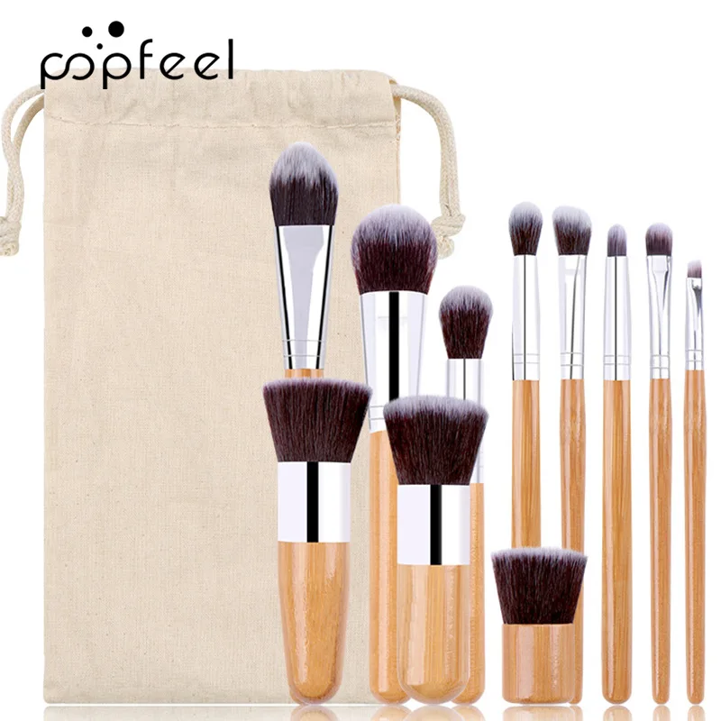 11Pcs Bamboo Handle Makeup Brushes Set Foundation Eye Shadow Blush Highlighter Concealer Brush Female Beauty Tool Make Up Kit