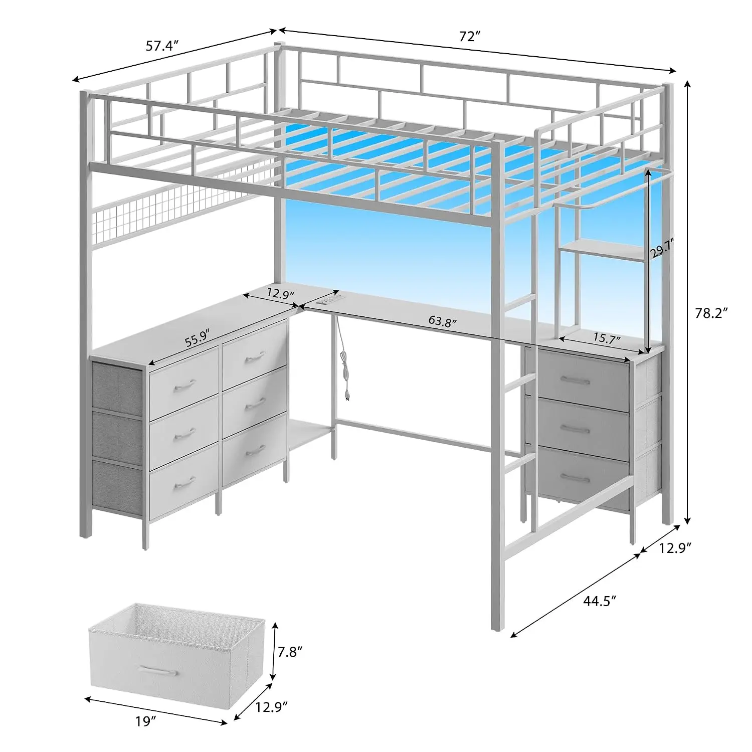 Full Size Loft Bed with L-Shaped Desk and Storage, White | 9 Storage Drawers, Type-C/USB Ports & 2 AC Outlets,, Customized