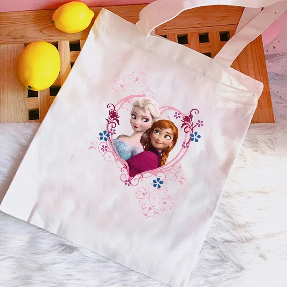 Frozen Elsa Anna Canvas Shoulder Bag Print Handbags For Women Large Capacity Shopper Totes Fashion Cotton Casual Shopping Bags